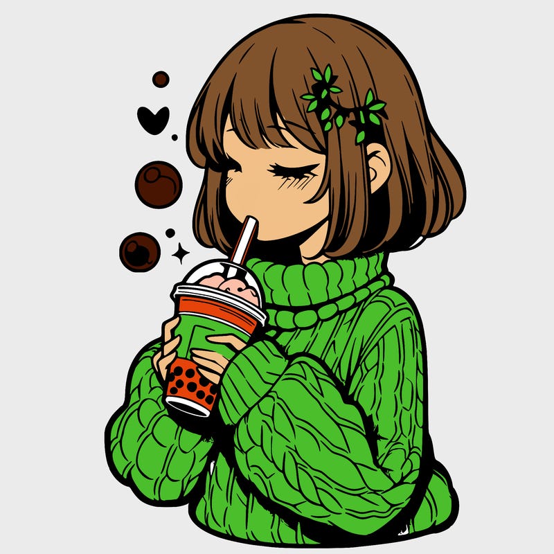 manga girl drinking boba in cozy sweater