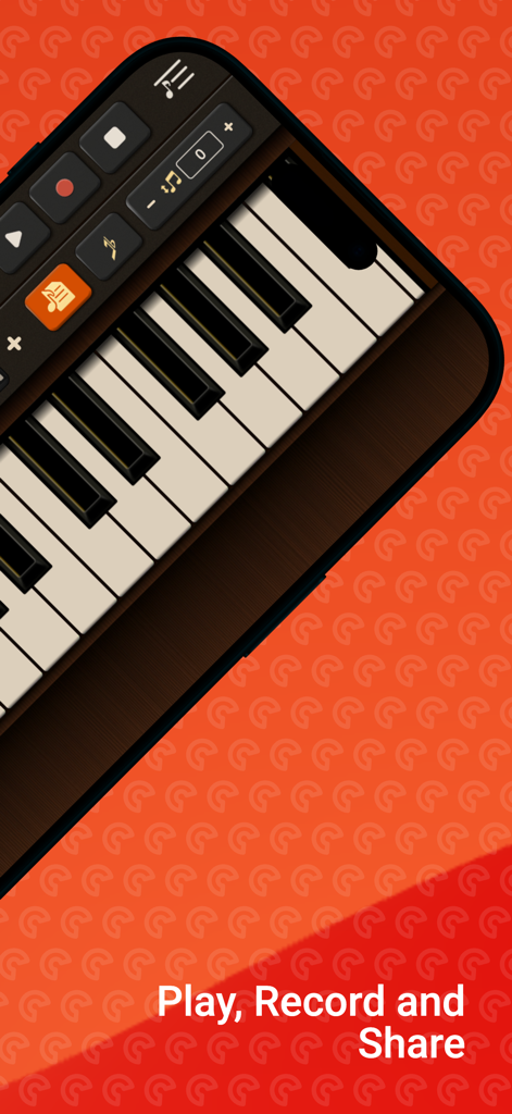 Piano Sim keyboard interface showing buttons for playing recording and sharing music