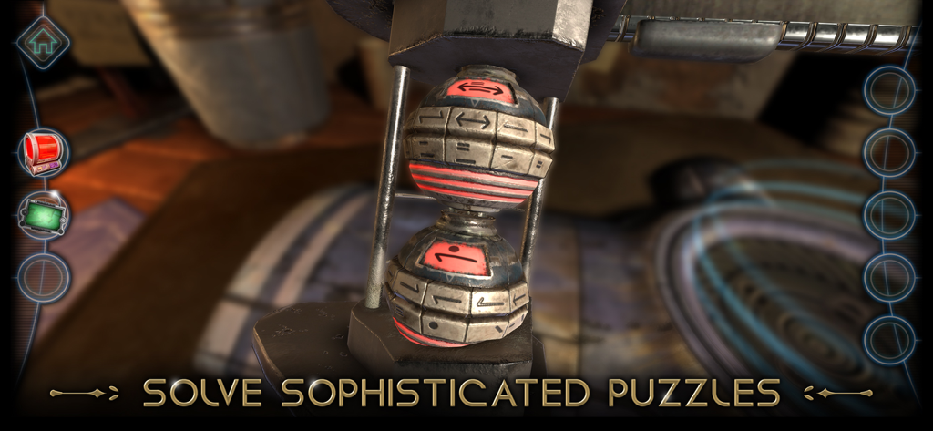 Machinika Museum - A close up of a sophisticated mechanical alien puzzle with glowing red symbols in Machinika Museum