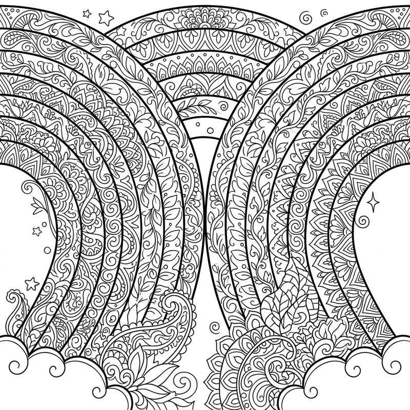 Dive into a world of intricate beauty with this stunning twinned rainbows Zentangle coloring page. Experience the therapeutic joy of filling each unique arc with your favorite colors and patterns.