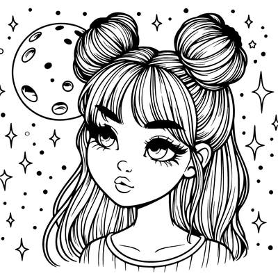realistic girl with space buns and moon