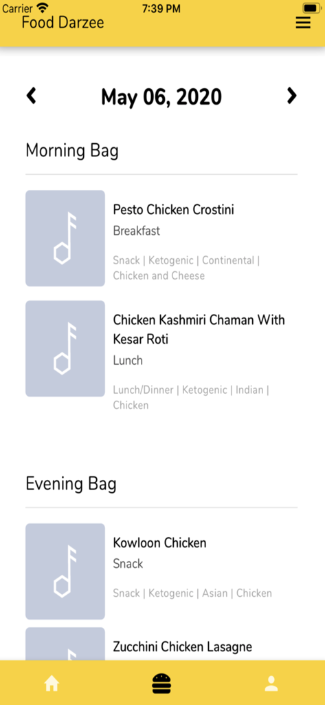 Food Darzee - Food Darzee app interface showing a customized daily meal plan with ketogenic options for breakfast and lunch.