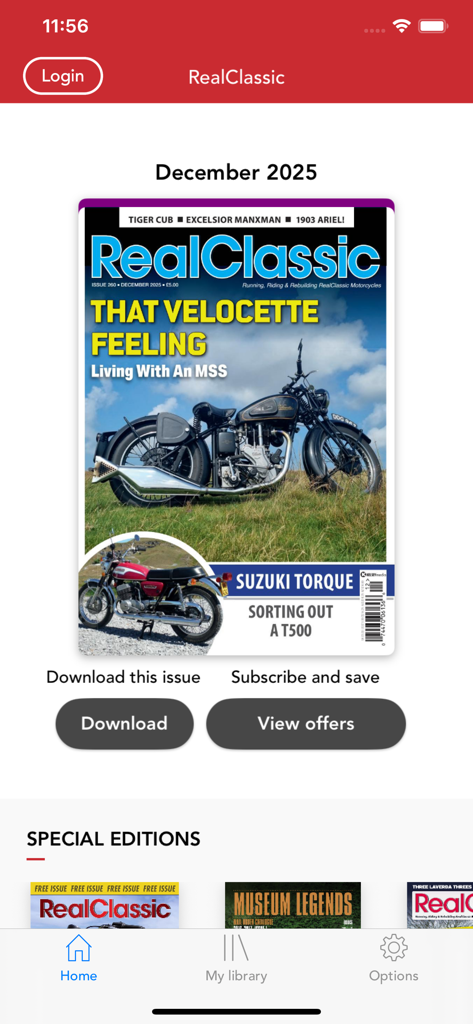 Real Classic Magazine - Schermata principale dell'app Real Classic Magazine con una Velocette MSS d'epoca in copertina.