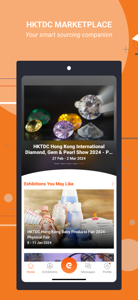 Pantalla de inicio de la aplicación HKTDC Marketplace que muestra próximas ferias comerciales internacionales