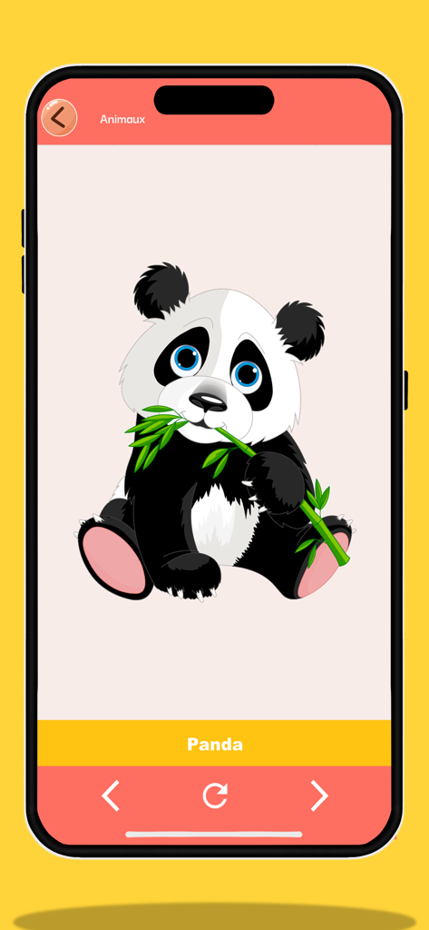 Captura de pantalla de la aplicación Francés para niños que muestra un panda de dibujos animados en la sección de animales.