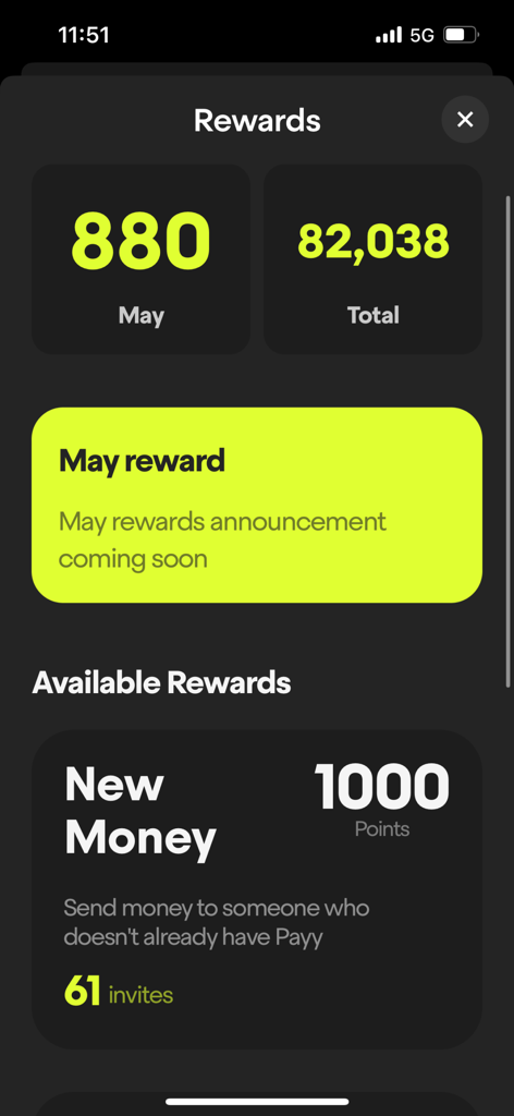 Payy app rewards screen displaying point totals and referral program options.