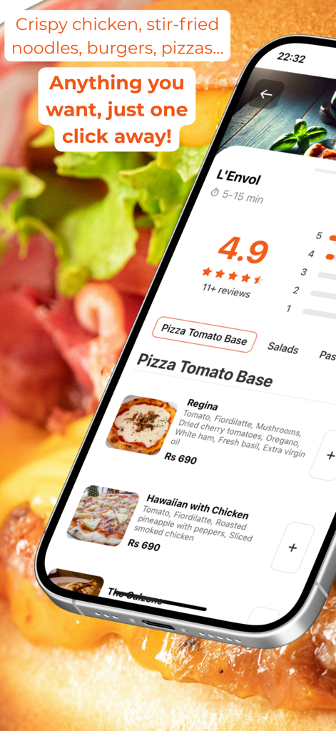 OnlyEat: Food Delivery - OnlyEat mobile app displaying a restaurant menu with pizza options and ratings
