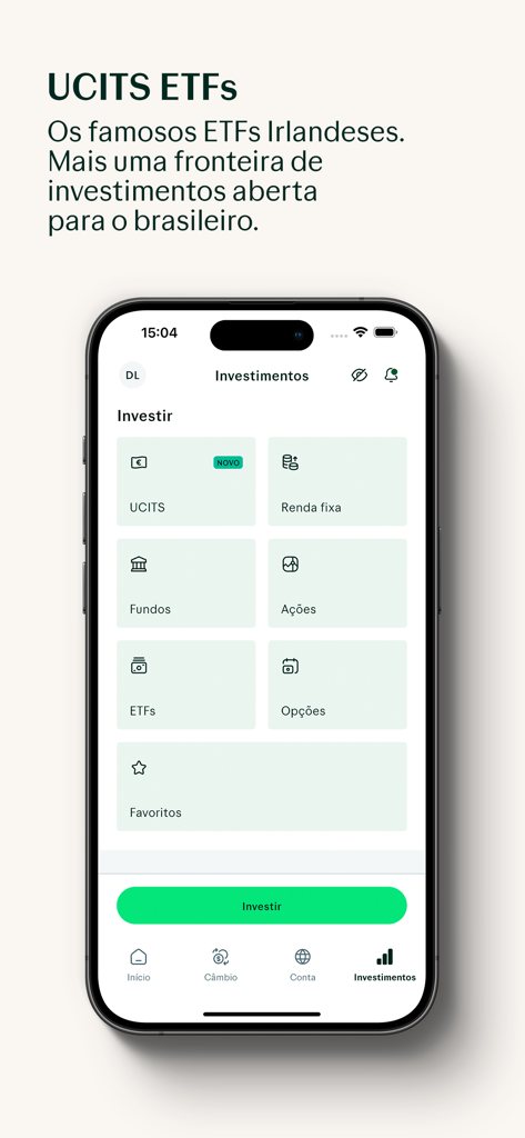 Interface de l'application mobile Avenue affichant des options d'investissement internationales comme les ETF UCITS et les actions