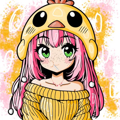 anime girl with chick shaped hat with sweater with bare shoulders with bangs covering them one eye with low tail