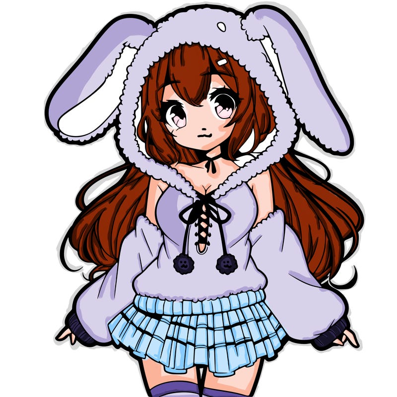 pretty anime girl wearing a fluffy hoodie with bunny ears on the hood and a skirt