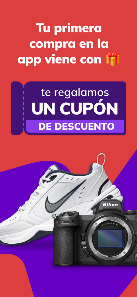 Tiendamia promotional banner offering a discount coupon for the first app purchase featuring a sneaker and a camera