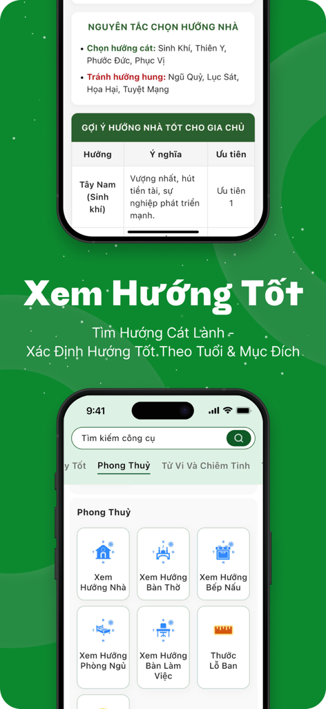 Lịch Âm - Lịch Vạn Niên 2026 - Pantalla de aplicación vietnamita mostrando recomendaciones de dirección para casas y muebles en Feng Shui