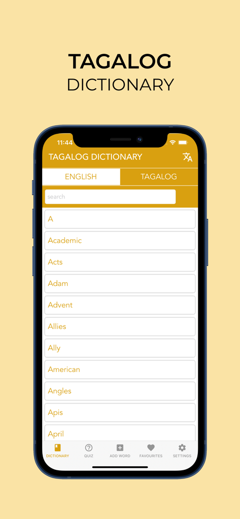 Tagalog Dictionary app interface displaying a searchable list of English words for translation.