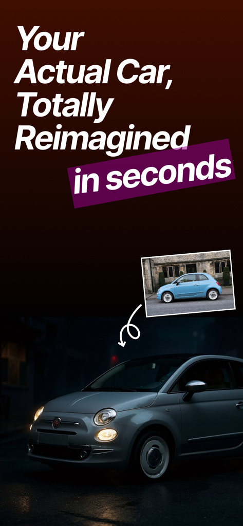 Transformación de foto de coche antes y después con IA a una simulación cinematográfica profesional