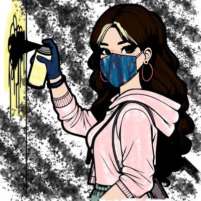realistic girl with mask spray painting a wall