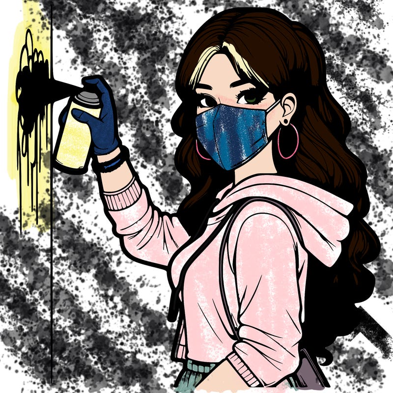 realistic girl with mask spray painting a wall