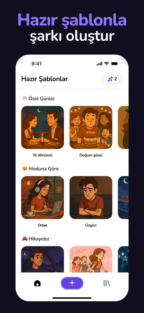 Interfaz de la aplicación Songify mostrando plantillas de música con IA listas para diferentes estados de ánimo y ocasiones especiales