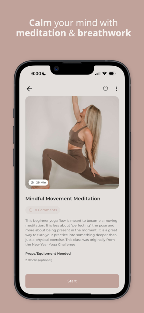 Smartphone screen displaying a mindful movement meditation class in the Yoga Plus by Mary app