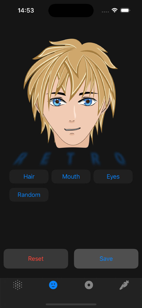 RiveAnim - Mobile application interface showing an anime style character head with interactive buttons for customizing hair mouth and eyes using Rive animations