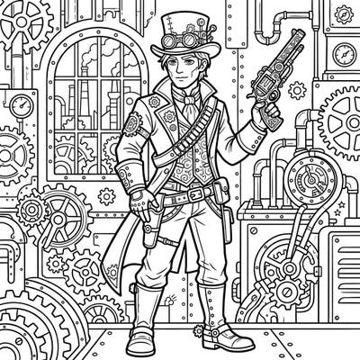 Embark on a thrilling coloring journey with this detailed steampunk gunslinger. This intricate design invites you to explore a world where the Wild West meets Victorian machinery.