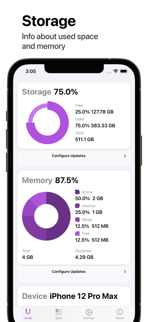 Usage Device Monitor - iPhone screen showing detailed storage and memory usage with colorful donut charts and device specifications