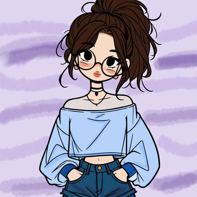 girl with a messy ponytail glasses a baggy crop top and jean shorts