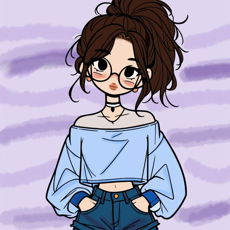 girl with a messy ponytail glasses a baggy crop top and jean shorts