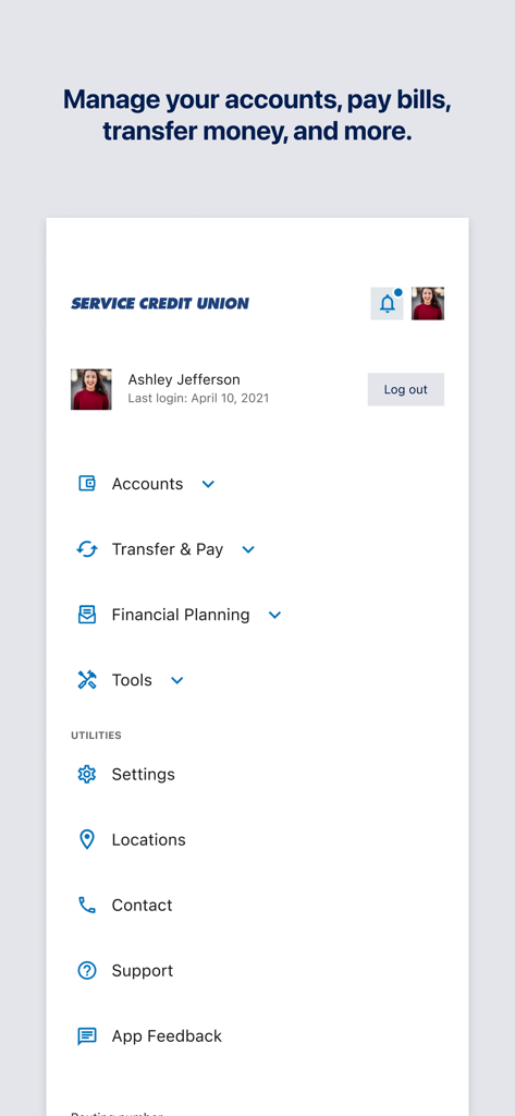 Service CU Mobile Banking - Menü der Service Credit Union Mobile Banking App mit Optionen für Konten und Überweisungen