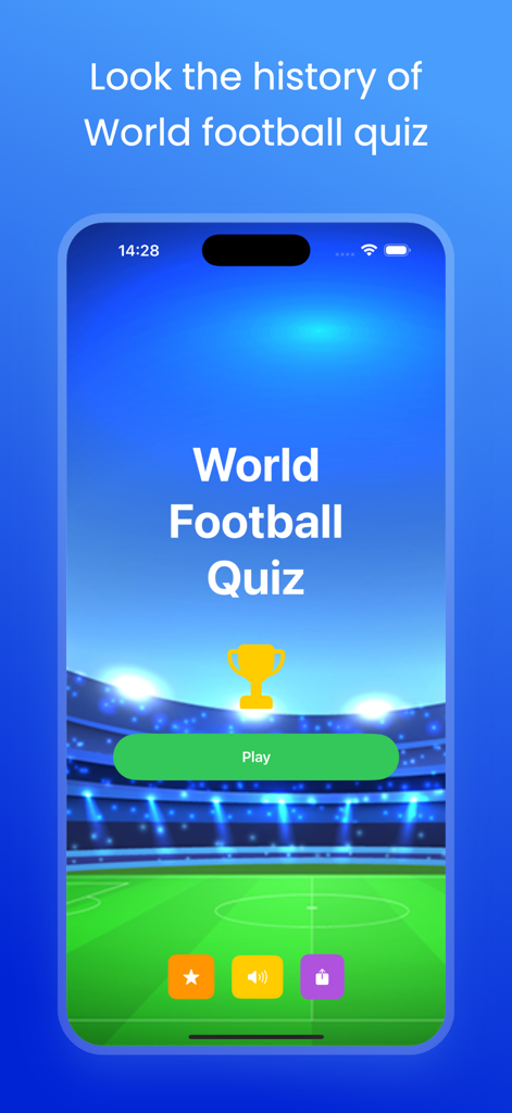 World Football Quizizz - Pantalla de inicio de Quizizz de Fútbol Mundial con un botón de jugar y fondo de estadio de fútbol
