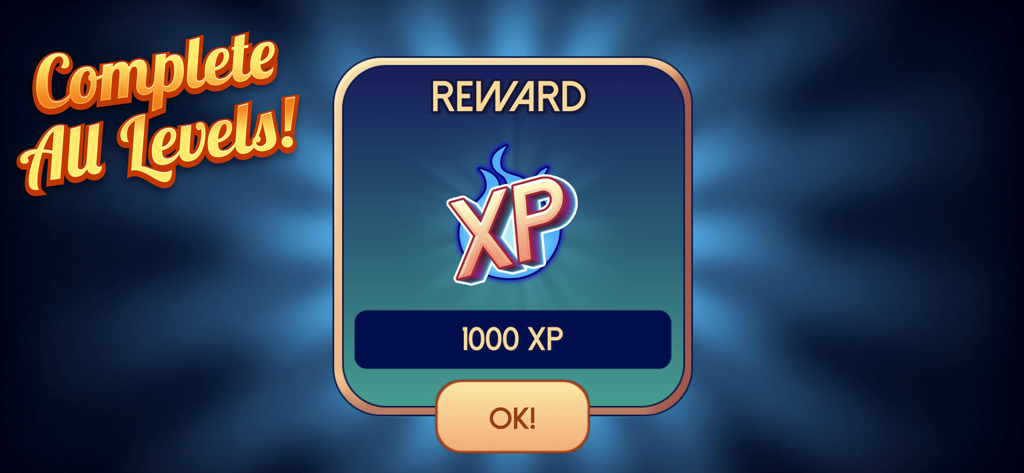 Reward screen in Ultimate Cribbage Classic showing 1000 XP points earned for completing levels