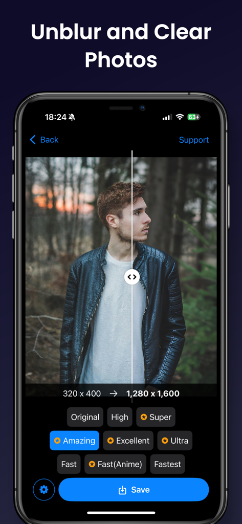 Enhance Photo / Video Easily - Comparación de antes y después de una foto borrosa que se aclara y escala utilizando una aplicación de mejora de fotos con IA