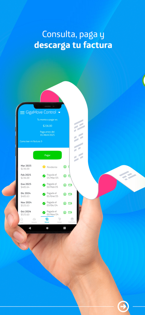 Movistar MX–Tu línea en la App - 스마트폰을 들고 Movistar MX 앱 청구서 결제 및 송장 내역 화면을 보여줍니다.