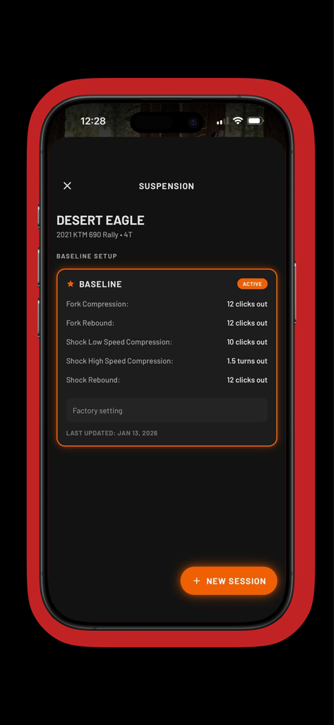 Suspension baseline setup screen for a KTM dirt bike in the DirtTime app
