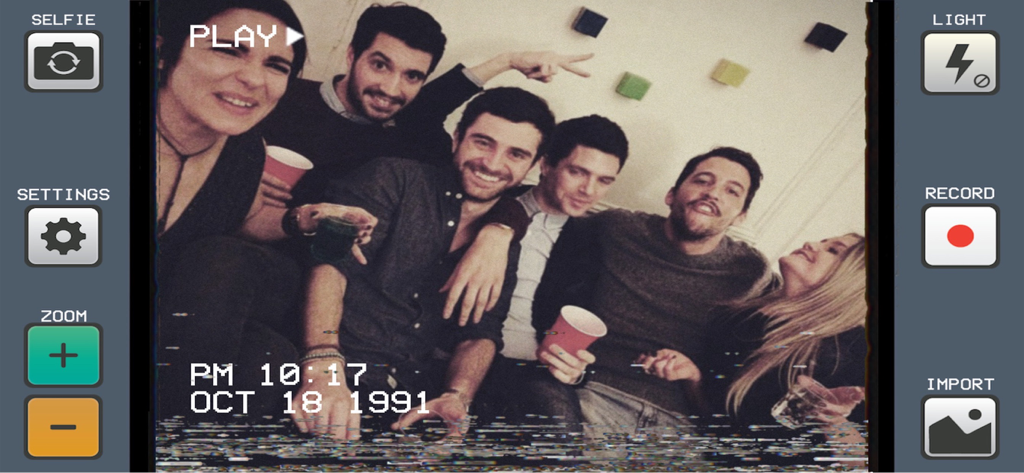 VHS Cam app interface with a retro 1991 video filter and glitch effects on a group of friends