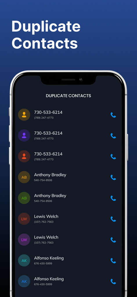 DiskDigger Photo Recovery. - Una pantalla de iPhone que muestra la función de gestión de contactos duplicados de la aplicación DiskDigger