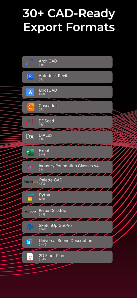 List of over 30 CAD ready export formats supported by the Metaroom 3D room scanner app including Revit and ArchiCAD