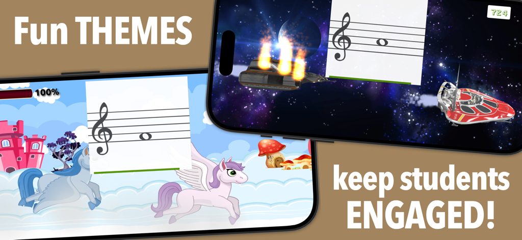 Flashnote Derby - Two mobile screens displaying fantasy and space themes for learning music notes in Flashnote Derby