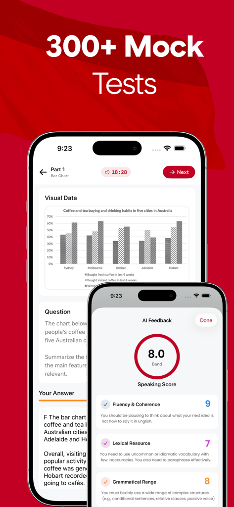 IELTS Prep App interface displaying mock tests and detailed AI feedback with an 8.0 band score