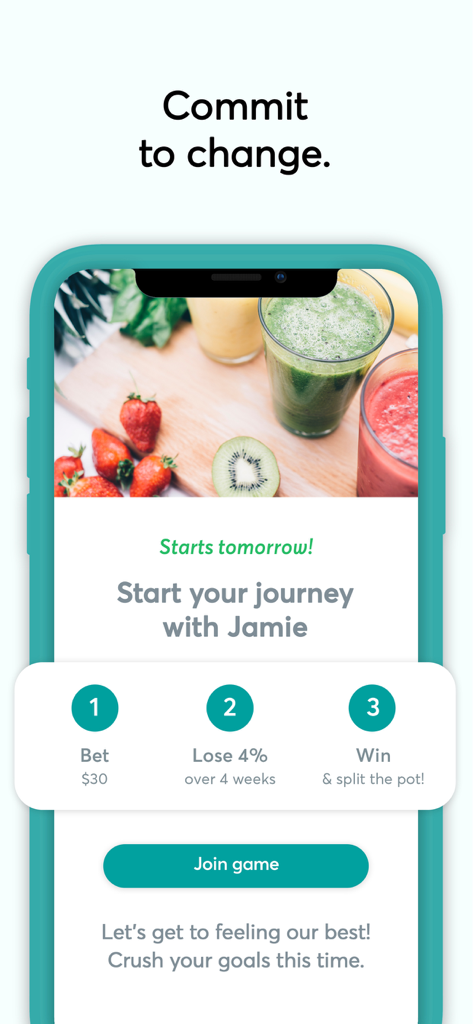 DietBet: Lose Weight & Win! - Ein mobiler Bildschirm von DietBet, der den dreistufigen Prozess zum Wetten, Abnehmen und Gewinnen eines geteilten Topfes erklärt.