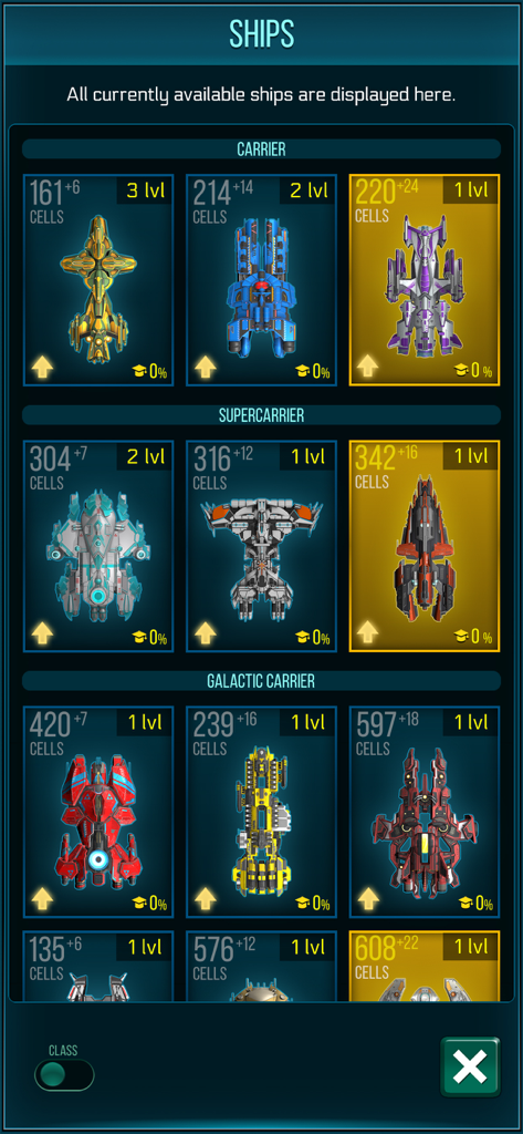 Space Arena ship selection screen showing different spaceship blueprints and classes like Carrier and Supercarrier