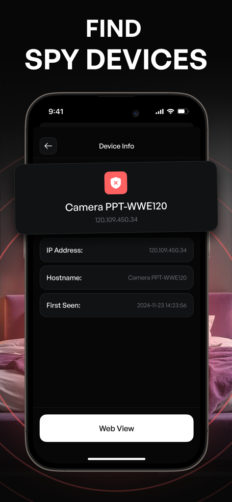 Camera Detector: AI Analyzer - 検出された隠しカメラに関する情報（IPアドレスとホスト名を含む）を表示するスマートフォンの画面。