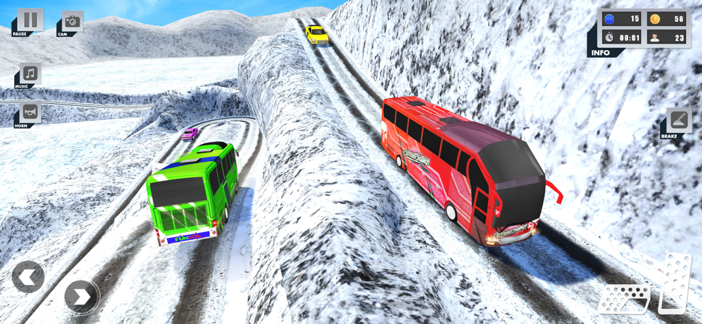 Coach Bus Simulator Game 2023 - Autobuses rojos y verdes conduciendo por una carretera de montaña nevada en un juego simulador