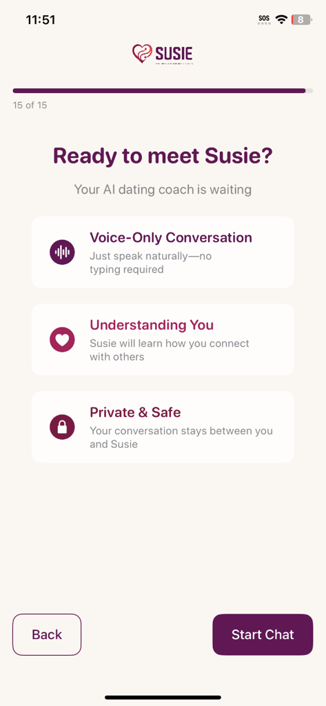 Susie Dating App - Onboarding screen for Susie AI dating coach featuring voice-only conversation and privacy information.