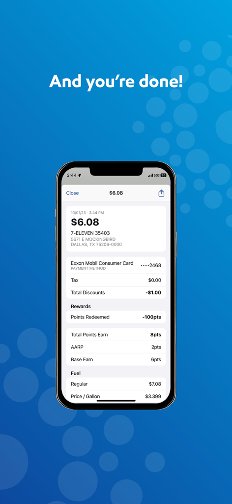 Exxon Mobil Rewards+ - Smartphone screen displaying a fuel transaction receipt with points earned and discounts applied in the Exxon Mobil Rewards plus app
