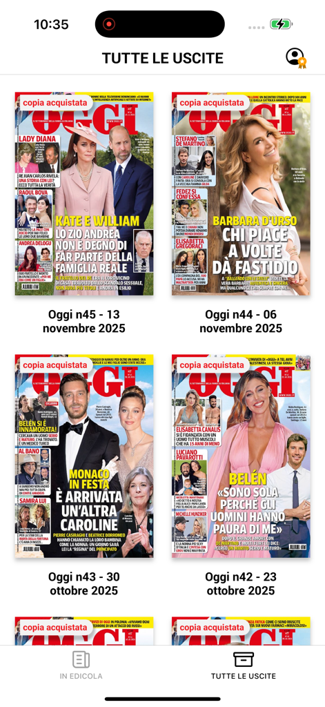 Digital library of OGGI magazine covers showing multiple weekly issues for subscribers