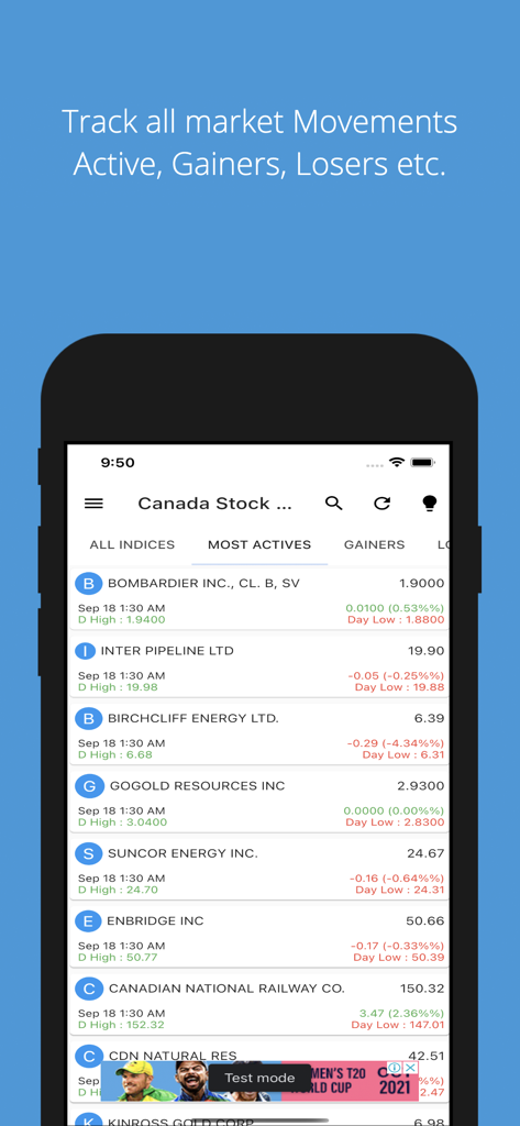 Interface de l'application Canada Stock Market affichant une liste des actions les plus actives sur le TSX