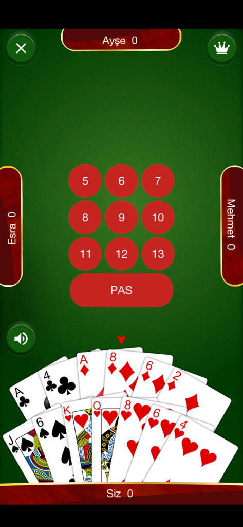 Bidding screen of the Batak mobile card game showing a hand of cards and numerical bidding options on a green table.