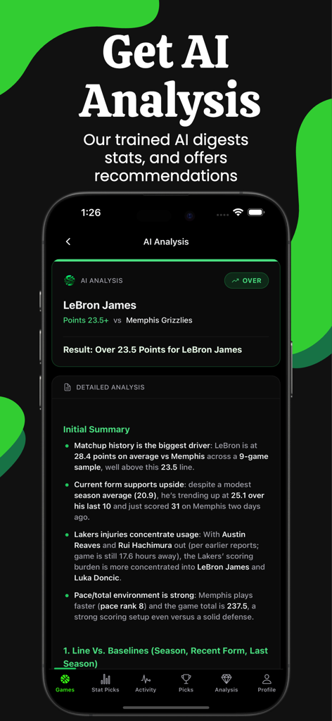 Schermata di analisi AI dell'app Stat Pick che mostra la raccomandazione della proposta sul giocatore LeBron James e i dati dell'abbinamento.