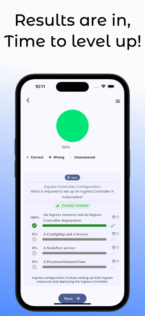 CKA Kubernetes Exam Prep - Captura de pantalla de la aplicación CKA Kubernetes Exam Prep que muestra una puntuación del 100 por ciento en una pregunta de cuestionario de Configuración de Ingress Controller.
