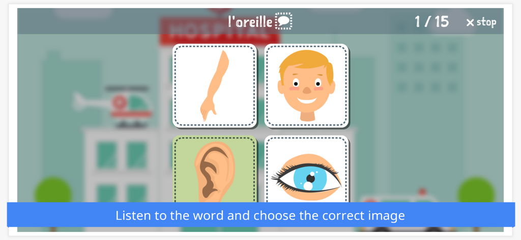 Learn Languages With Emma - Juego de vocabulario francés para niños que muestra partes del cuerpo incluyendo una oreja y un ojo en la aplicación Learn Languages With Emma